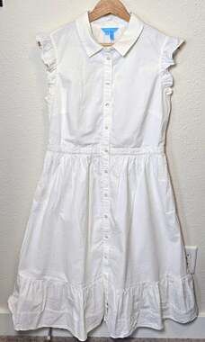 Draper James White Midi Shirt Dress Button Front Ruffle Pockets Collared Size 10